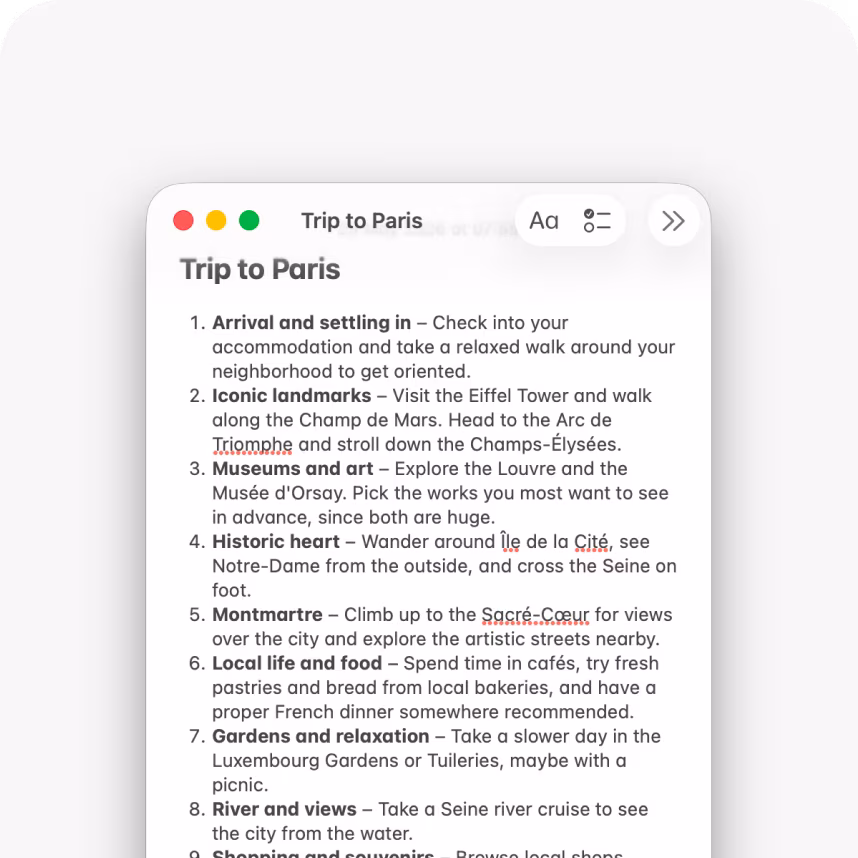 A plain text note listing a Paris trip itinerary